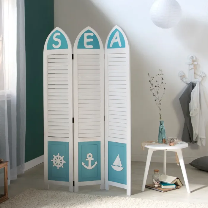 Geprüfte Retourware - Paravent - 3-teilig - Holz Motiv Sea Shabby Art - 93 cm Breite und 162 cm Höhe - Farbe: Weiß mit Blau