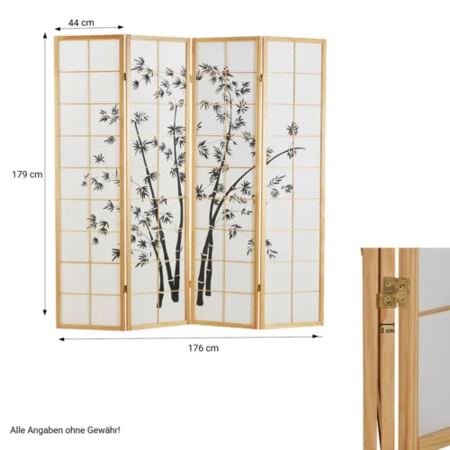 Geprüfte Retourware - Paravent Raumteiler 4-teilig, 16x179 cm - Holz und Reispapier mit Print in Natur und Schwarz