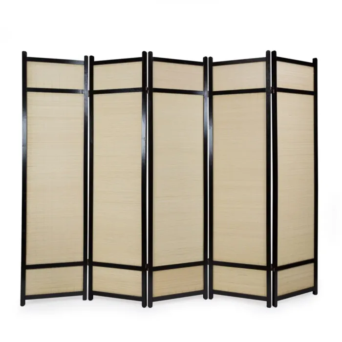 Geprüfte Retourware - Paravent 5-teilig, 220x175 cm - Holz mit Bambusstreben in Schwarz mit Natur
