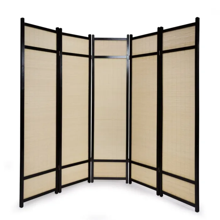 Geprüfte Retourware - Paravent 5-teilig, 220x175 cm - Holz mit Bambusstreben in Schwarz mit Natur
