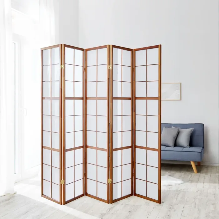 Geprüfte Retourware - Paravent - 5-teilig - Holzquadrate Reispapier - 220 cm Breite und 175 cm Höhe - Farbe: Braun mit Weiß