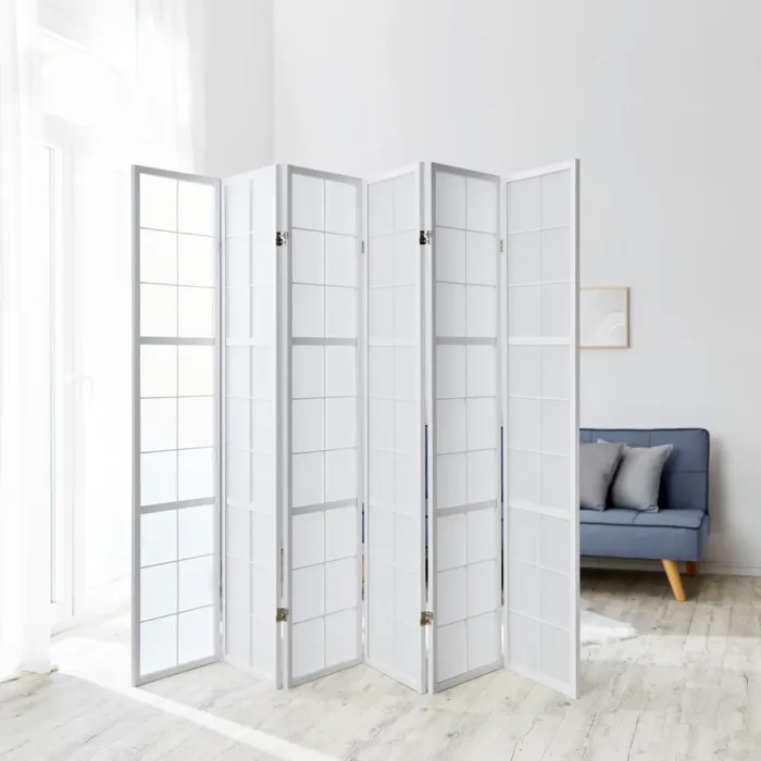 Geprüfte Retourware - Paravent - 6-teilig - Holz und Reispapier - 264 cm Breite und 175 cm Höhe - Farbe: Weiß