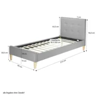 Polsterbett 90x200 mit hohem Kopfrahmen - Einzelbett ohne Matratze - Farbe: Grau