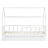 Hausbett 90x200 – Kinderbett mit Bettkasten und Rausfallschutz – Farbe: Weiß