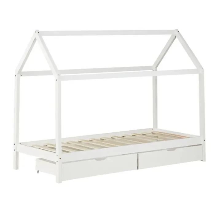 Hausbett 90x200 - Kinder- und Jugendbett mit zwei Bettkästen - Farbe: Weiß