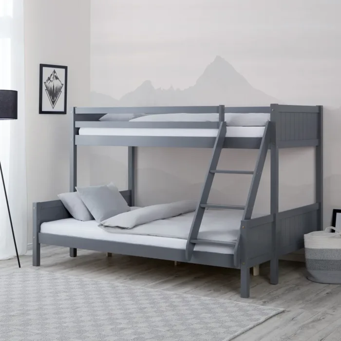 Etagenbett mit zwei Liegeflächen - 90x200 und 140x200 - Doppelstockbett aus Vollholz - Farbe: Grau