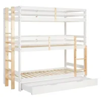 Kiefernholz Etagenbett 90x200 mit drei Schlafplätzen in Weiß mit Natur - Kinderbett mit Bettschublade