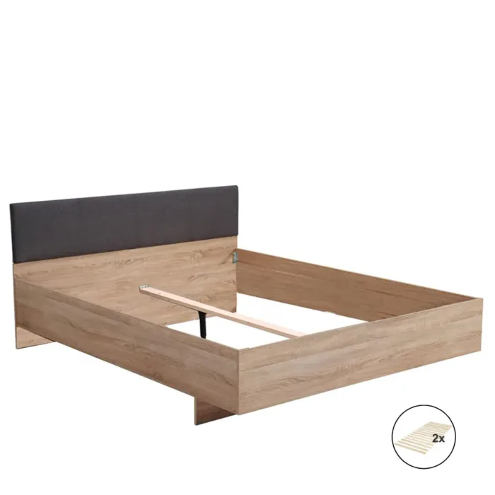 Doppelbett 160x200 - Futonbett mit hohem Polster-Kopfteil - Farbe: Natur mit Grau