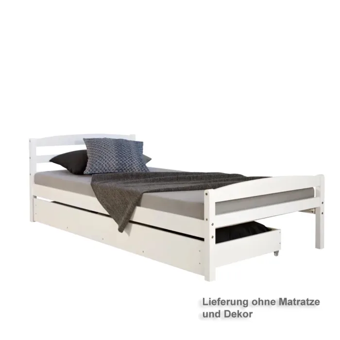 Massivholzbett 90x200 – Einzelbett mit Bettkasten und Kopfteil – Farbe: Weiß