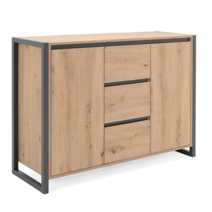 Anrichte 120 cm Breite - Kommode Industrial Stil mit drei Schubladen und Türen – Farbe: Natur Anthrazit