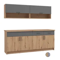 Modulküche 200 cm Breite – Oberschrank Zeile und Unterschrank Reihe – Farbe: Natur Grau