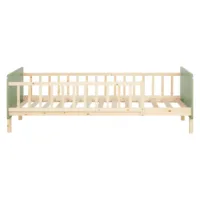 Bett für Kinder 90x200 - Bett mit Rausfallschutz und Korpus aus Holz in Natur mit Elementen in Grün