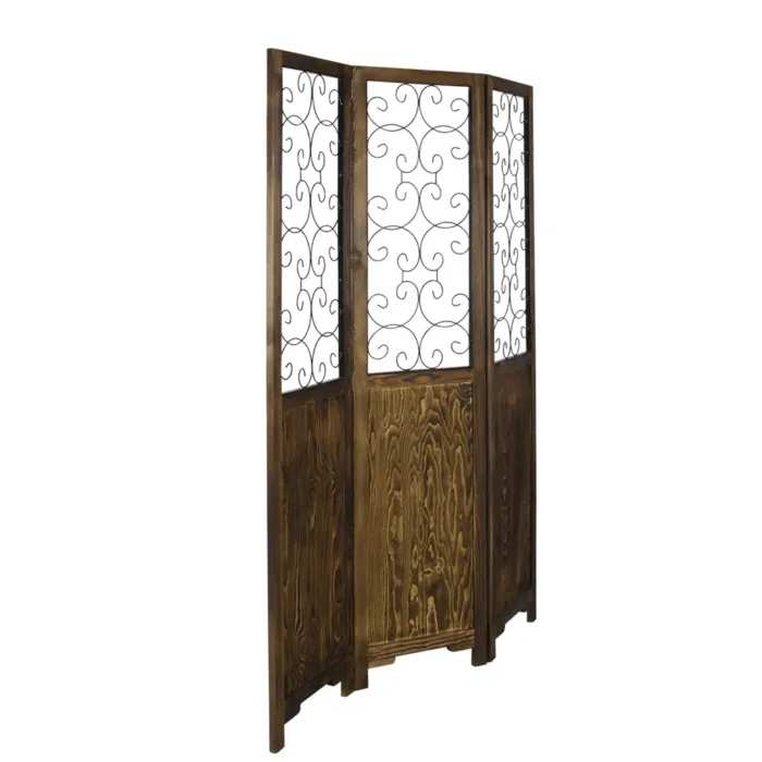 Geprüfte Retourware - Paravent Raumteiler 3-teilig, 120x170 cm - Kiefernholz in Braun mit schwarz lackiertem Metall