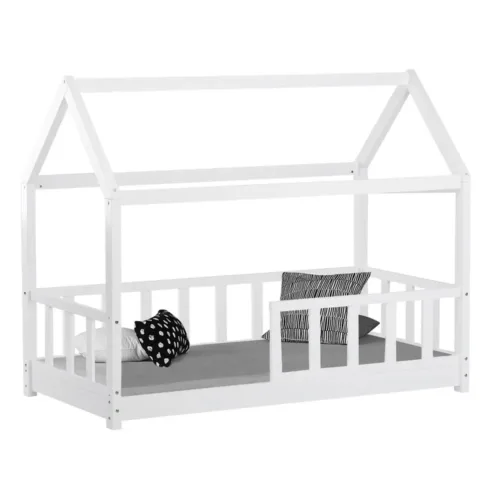 Geprüfte Retourware - Kinderbett 80×160 cm Holz - Hausbett in Weiß mit Rausfallschutz