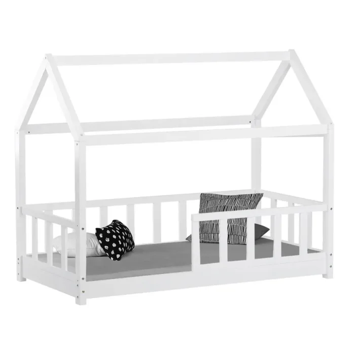 Geprüfte Retourware - Kinderbett 80×160 cm Holz - Hausbett in Weiß mit Rausfallschutz
