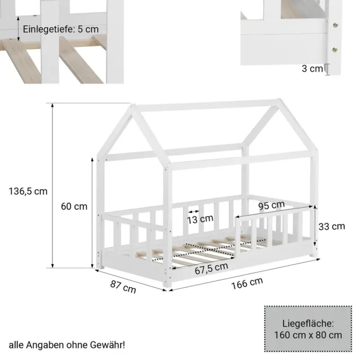 Geprüfte Retourware - Kinderbett 80×160 cm Holz - Hausbett in Weiß mit Rausfallschutz