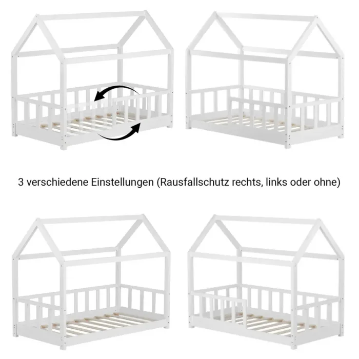 Geprüfte Retourware - Kinderbett 80×160 cm Holz - Hausbett in Weiß mit Rausfallschutz