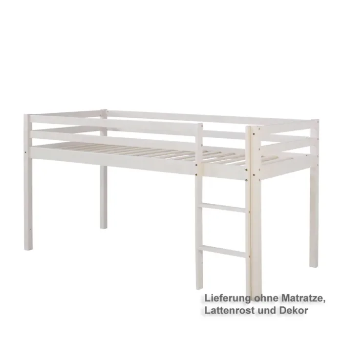 Geprüfte Retourware - Kinderbett 90×200 cm - Hochbett aus Kiefernholz in Weiß mit Leiter