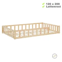 Bodenbett im Montessori Design 120×200 - Echtholz Kinderbett mit Gitterschutz – Farbe: Natur