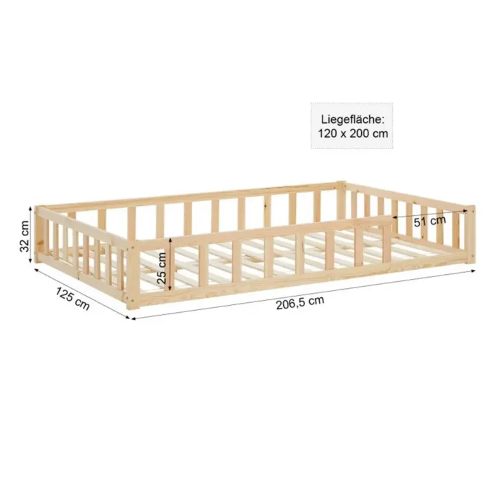 Bodenbett im Montessori Design 120×200 - Echtholz Kinderbett mit Gitterschutz – Farbe: Natur