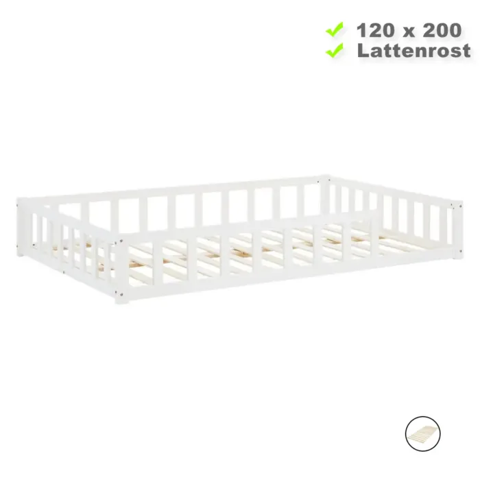 Massivholz-Bodenbett 120x200 für Tag und Nacht - Kinderbett im Montessori Stil - Farbe: Weiß