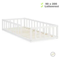 Montessori-Bett für kleine Entdecker - Massivholz-Bodenbett 90x200 für fantasievolle Spielstunden - Farbe: Weiß