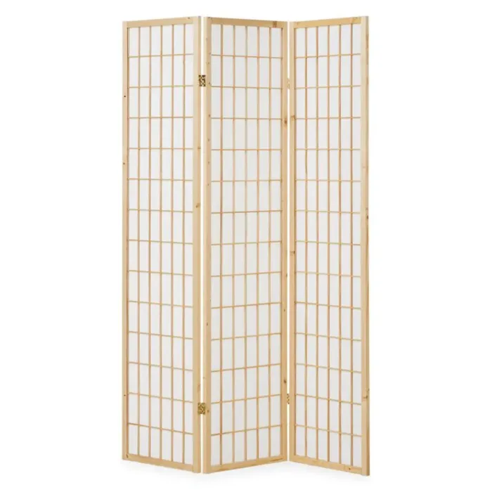 Raumteiler kleine Quadrate - Paravent 3 teilig aus Holz - Reispapier in Weiß - Farbe: Natur