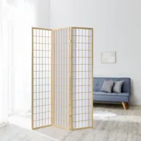 Raumteiler kleine Quadrate - Paravent 3 teilig aus Holz - Reispapier in Weiß - Farbe: Natur