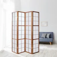Raumteiler große Quadrate - Paravent 4 teilig aus Holz - Reispapier in Weiß - Farbe: Braun