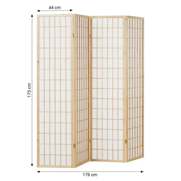 Raumteiler kleine Quadrate - Paravent 4 teilig aus Holz - Reispapier in Weiß - Farbe: Natur