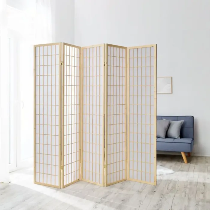 Raumteiler kleine Quadrate - Paravent 5 teilig aus Holz - Reispapier in Weiß - Farbe: Natur
