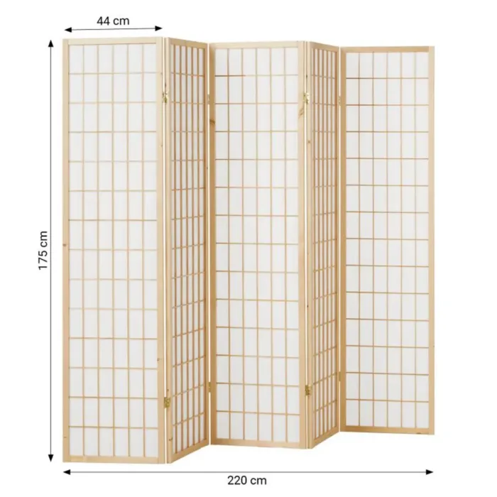 Raumteiler kleine Quadrate - Paravent 5 teilig aus Holz - Reispapier in Weiß - Farbe: Natur