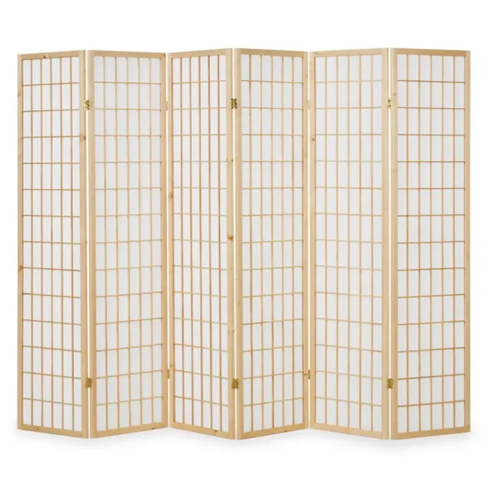 Raumteiler kleine Quadrate - Paravent 6 teilig aus Holz - Reispapier in Weiß - Farbe: Natur