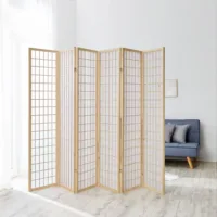 Raumteiler kleine Quadrate - Paravent 6 teilig aus Holz - Reispapier in Weiß - Farbe: Natur