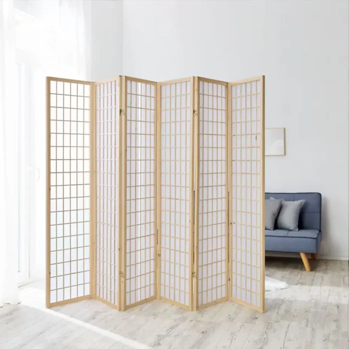 Raumteiler kleine Quadrate - Paravent 6 teilig aus Holz - Reispapier in Weiß - Farbe: Natur