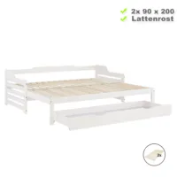 Ausziehbett 2x 90x200 - Einzelbett und Doppelbett aus Holz mit Bettschublade - Farbe: Weiß