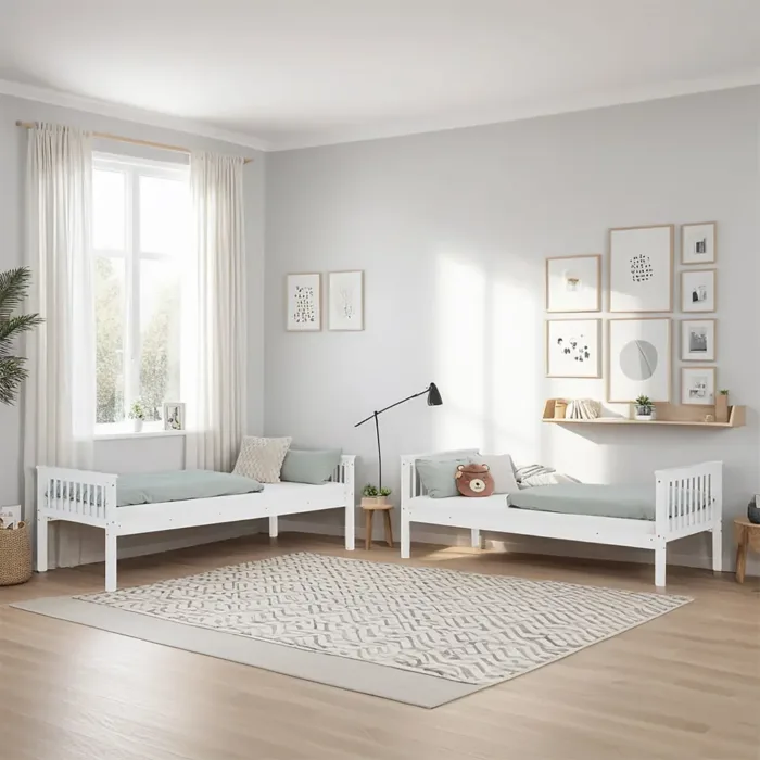 Etagenbett anpassbar zu Einzelbetten - Kinderbett 90x200 mit Rausfallschutz und Leiter - Farbe: Weiß