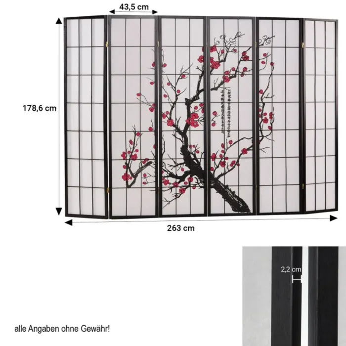 Geprüfte Retourware - Paravent Raumteiler 6-teilig, 264x179 cm - Holz und Reispapier mit Muster in Schwarz mit Rot