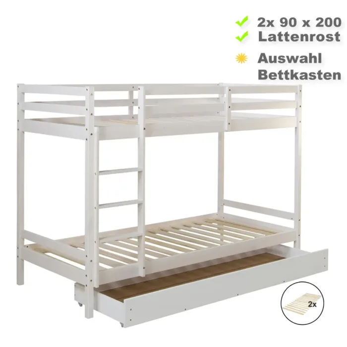 Etagenbett 90x200 mit Leiter und optional Bettkasten - Kinderbett mit zwei Schlafplätzen - Farbe: Weiß