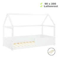 Hausbett 90x200 mit Rausfallschutz - Kinder Einzelbett aus Holz im Montessori-Style - Farbe: Weiß