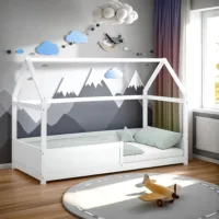 Hausbett 90x200 mit Rausfallschutz - Kinder Einzelbett aus Holz im Montessori-Style - Farbe: Weiß