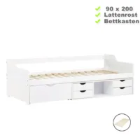 Schubladenbett mit Bettkasten und Schubladen 90×200 – Schlafsofa mit Stauraum – Farbe: Weiß