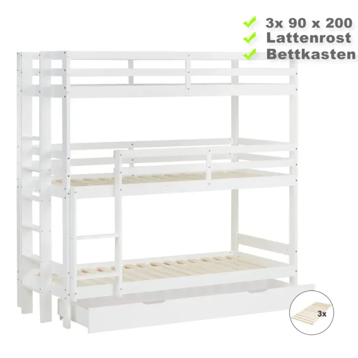 Etagenbett mit Bettschublade - 3x 90x200 - Kinderbett mit drei Schlafplätzen - Farbe: Weiß
