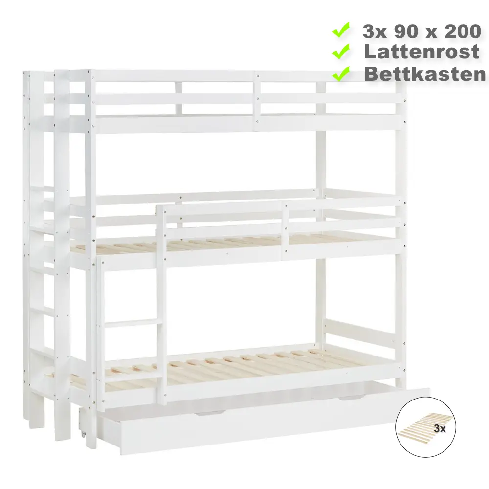 Etagenbett mit Bettschublade - 3x 90x200 - Kinderbett mit drei Schlafplätzen - Farbe: Weiß