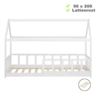 Abenteuerliches Massivholzbett 90x200 - Hausbett für Kinder mit Montessori-Design - Farbe: Weiß