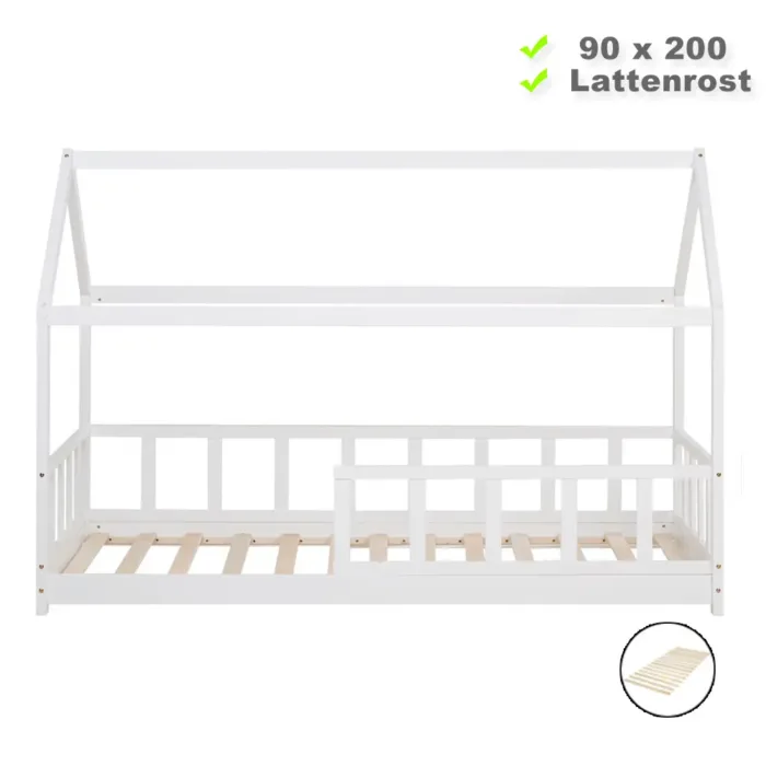 Abenteuerliches Massivholzbett 90x200 - Hausbett für Kinder mit Montessori-Design - Farbe: Weiß