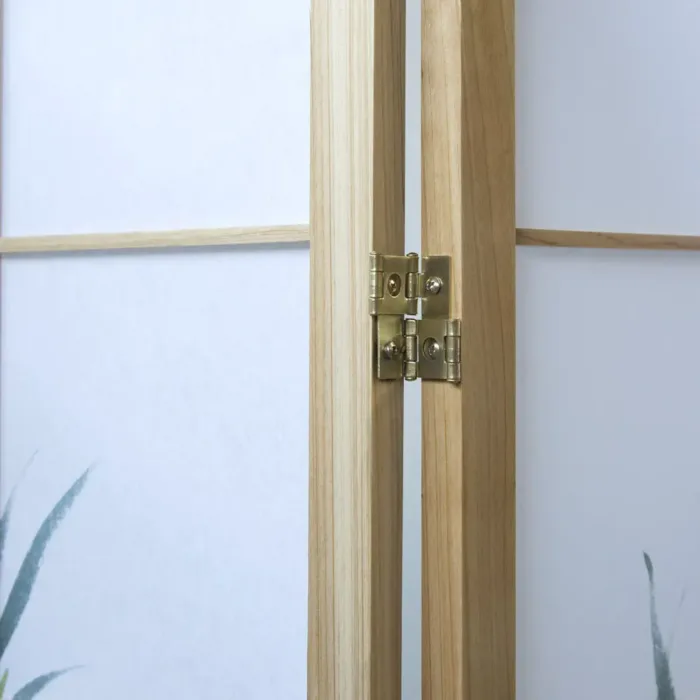 Raumteiler - Paravent 3 teilig Holz mit Shoji Reispapier und Bambus-Motiv in Grün - Farbe: Natur