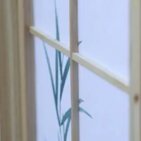Raumteiler - Paravent 4 teilig Holz mit Shoji Reispapier und Bambus-Motiv in Grün - Farbe: Natur