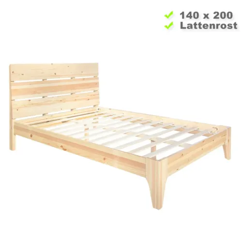Massivholzbett 140x200 – Doppelbett mit hohem Kopfteil – Farbe: Natur