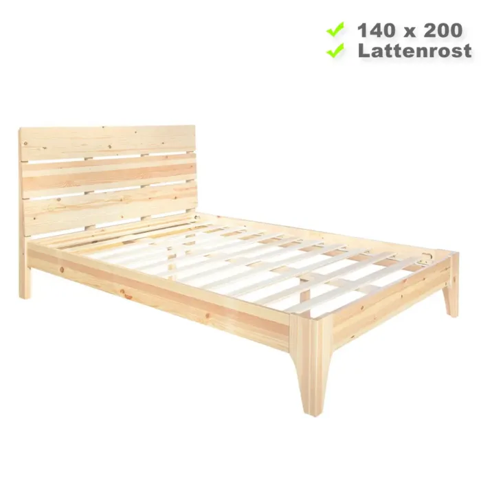Massivholzbett 140x200 – Doppelbett mit hohem Kopfteil – Farbe: Natur